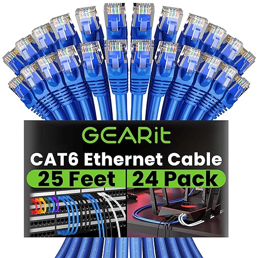 GEARit Cat 6 Ethernet Patch Cable 25 ft Blue (24-Pack Cat6 Ethernet Patch Cables 25ft), High Speed 24AWG 10Gbps RJ45 Snagless Gold-Plated, Ethernet Cable for Router, Switch, PC, PS5 Gaming, Server
