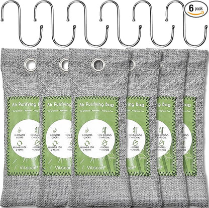 6 Pack Bamboo Charcoal Air Purifying Bag, Activated Charcoal Bags Odor Absorber, Moisture Absorber, Natural Car Air Freshener, Shoe Deodorizer, Odor Eliminators For Home, Pet, Closet