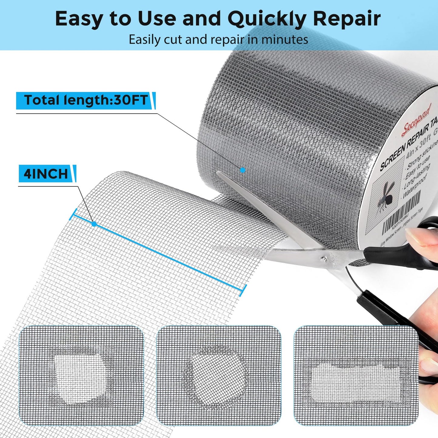 Secopad 4" x 360" (30FT) Screen Repair Tape, Screen Repair Kit, Grey