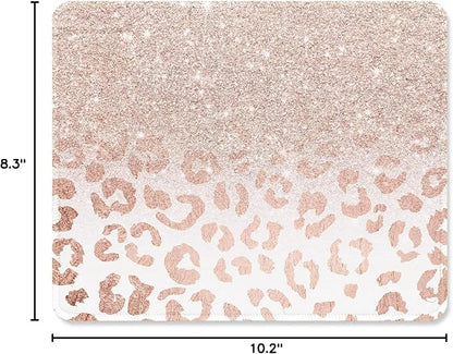 ITNRSIIET Mouse Pad with Stitched Edge Premium Textured Smooth Precise Operation Waterproof Washable Non-Slip Rubber Base Desktop Protection Mat, 10.2×8.3×0.12 inches, Rose Gold Leopard Print