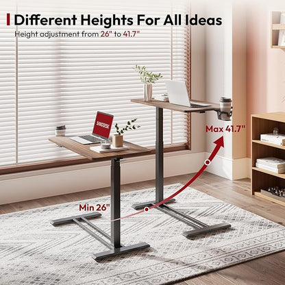 SANODESK Medical Adjustable Overbed Bedside Table with Hidden Casters, Pneumatic Mobile Laptop Computer Standing Desk Cart with Tray, Hospital and Home Use(27.6" W x 15.7" D, Walnut)