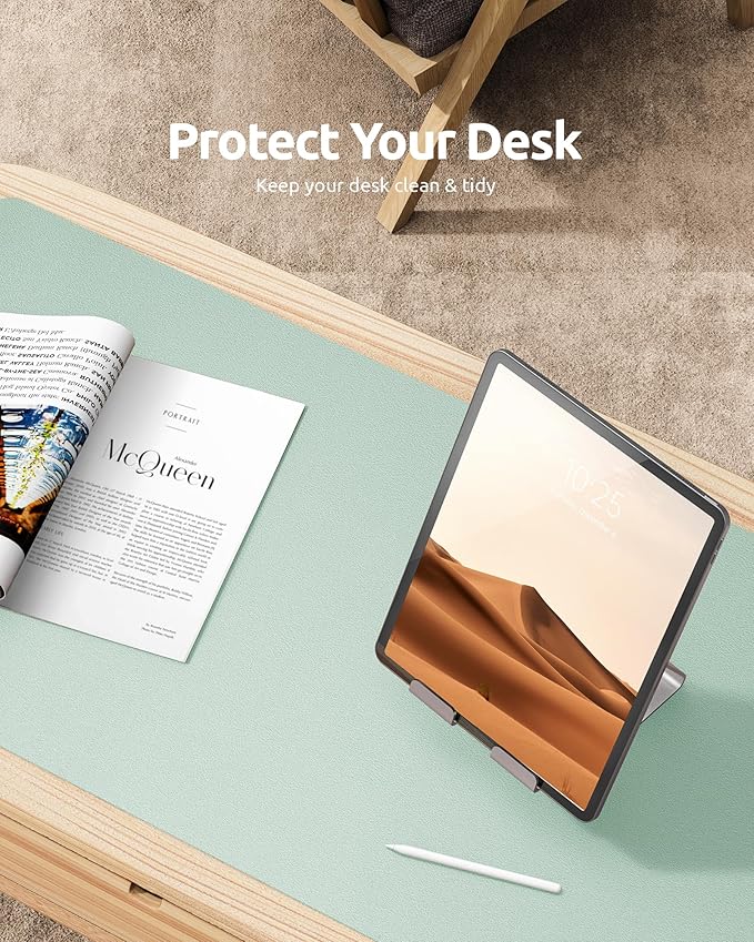 YSAGi Leather Desk Protector, Office Mat, Large Mouse Mat, Non-Slip PU Leather Blotter, Laptop Pad, Waterproof Writing Pad for Office and Home (Pale Green, 31.5" x 15.8")