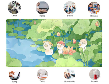 Green Cute Anime Desk Mat Kawaii Cartoon Ducks Gaming Mouse Pad XXL Large Anime Girl Gamer Mousepad Women Office Decor Desk Pad Aesthetic Lotus Leaf Laptop Keyboard Pad Computer Mat 31.5x15.75 in