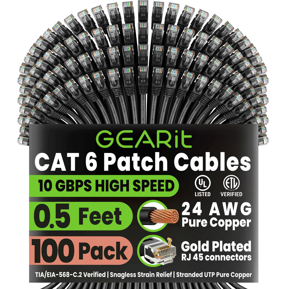 GEARit Cat6 Patch Cables Cat 6 Ethernet Cable 1.5 ft 100-Pack Black