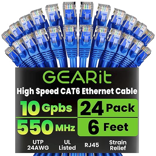 GEARit Cat 6 Ethernet Patch Cable 6 ft Blue (24-Pack Cat6 Ethernet Patch Cables 6ft), Cat 6 High Speed 24AWG 10Gbps RJ45 Snagless Gold-Plated, Ethernet Cable for Router, Switch, PC, PS5 Gaming, Server