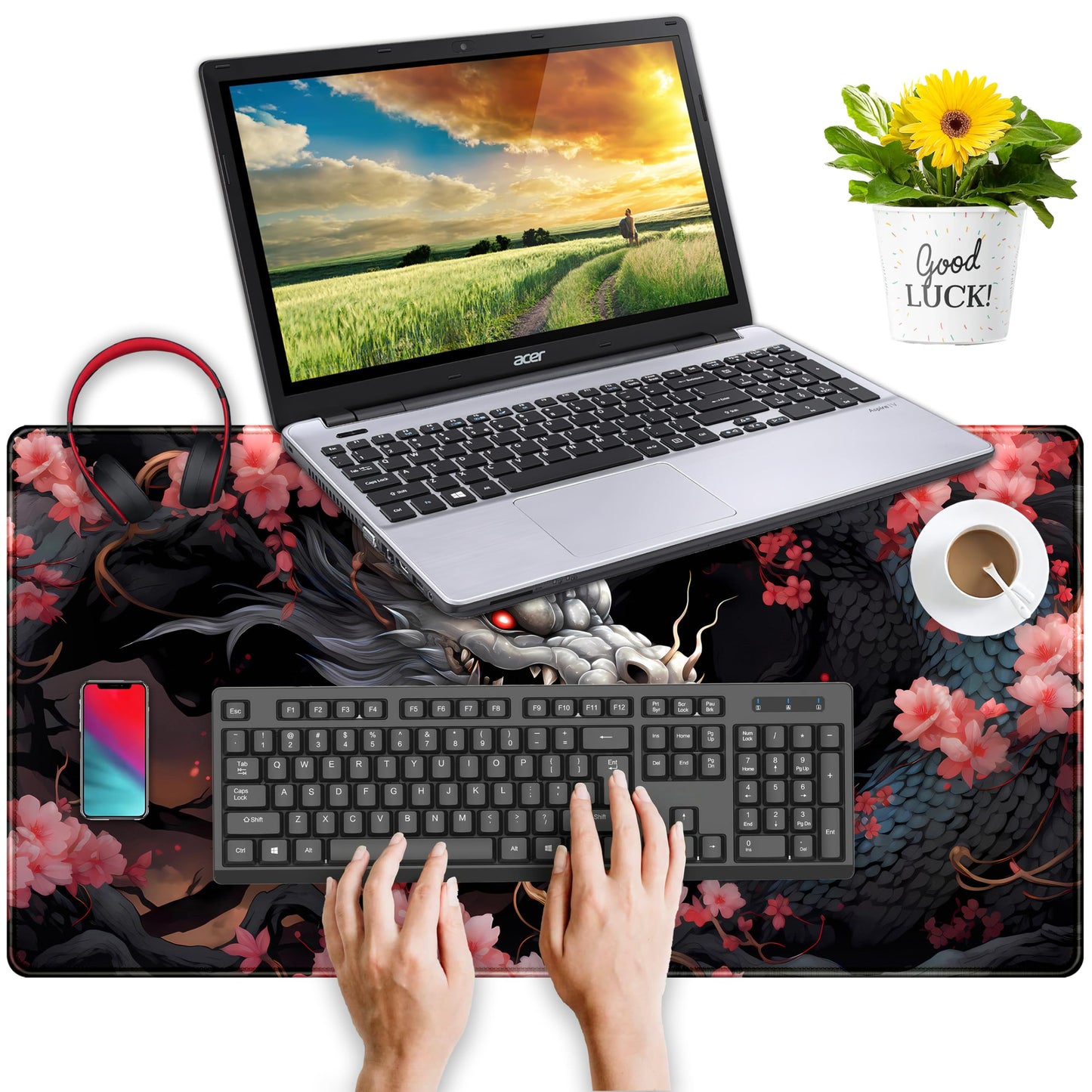 Cute Sakura Dragon Gaming Mouse Pad Kawaii XXL Large Extended Anime Desk Mat, Non-Slip Rubber Base Mousepad, Office Decor Desk Pad, Cool Keyboard and Mouse Mat with Stitched Edges, 31.5x15.75 in