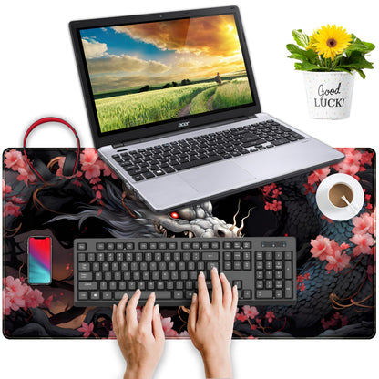 Cute Sakura Dragon Gaming Mouse Pad Kawaii XXL Large Extended Anime Desk Mat, Non-Slip Rubber Base Mousepad, Office Decor Desk Pad, Cool Keyboard and Mouse Mat with Stitched Edges, 31.5x15.75 in