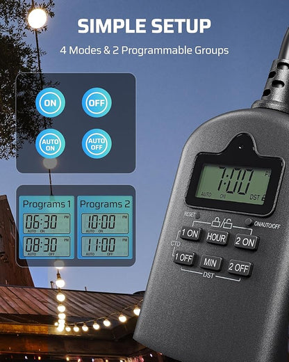 DEWENWILS Outdoor Timer Outlet Waterproof, Outdoor Digital Timer for Lights, Programmable with 2 Grounded Outlets, for Home and Garden, Halloween, 15A, 1/2HP, Heavy Duty, ETL Listed