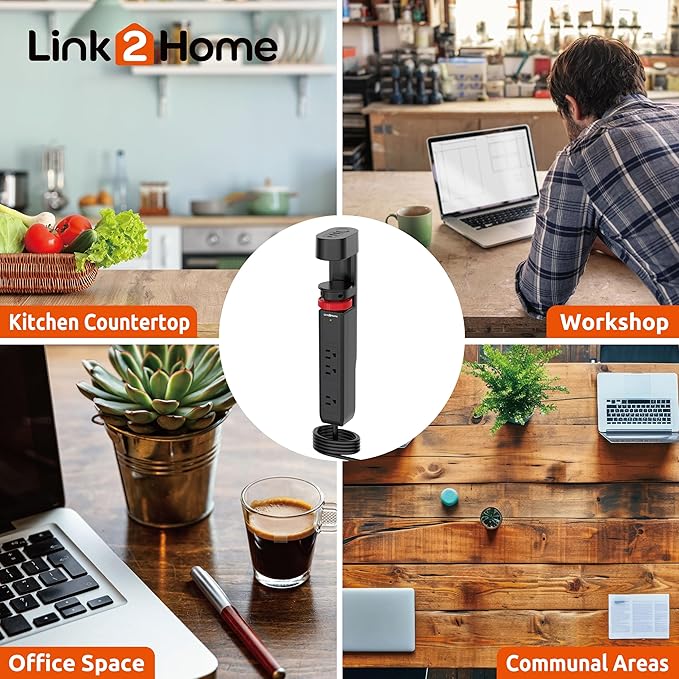 Link2Home Clamp-On Desk Power Strip with 3 Outlets, 3 USB Ports (20W PD Type-C), 6 Ft. Cord, Overload Protection, No Installation Required