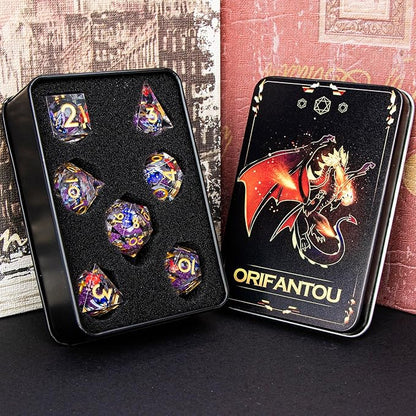 Butterfly DND Dice Purple Liquid Core Dice Set with Metal Box, Handmade Sharp Edge D and D Polyhedral Dice for use with D&D Role Playing Game, D20 D12 D10 D8 D6