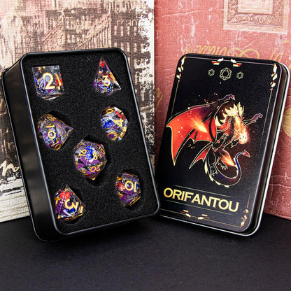 Butterfly DND Dice Purple Liquid Core Dice Set with Metal Box, Handmade Sharp Edge D and D Polyhedral Dice for use with D&D Role Playing Game, D20 D12 D10 D8 D6