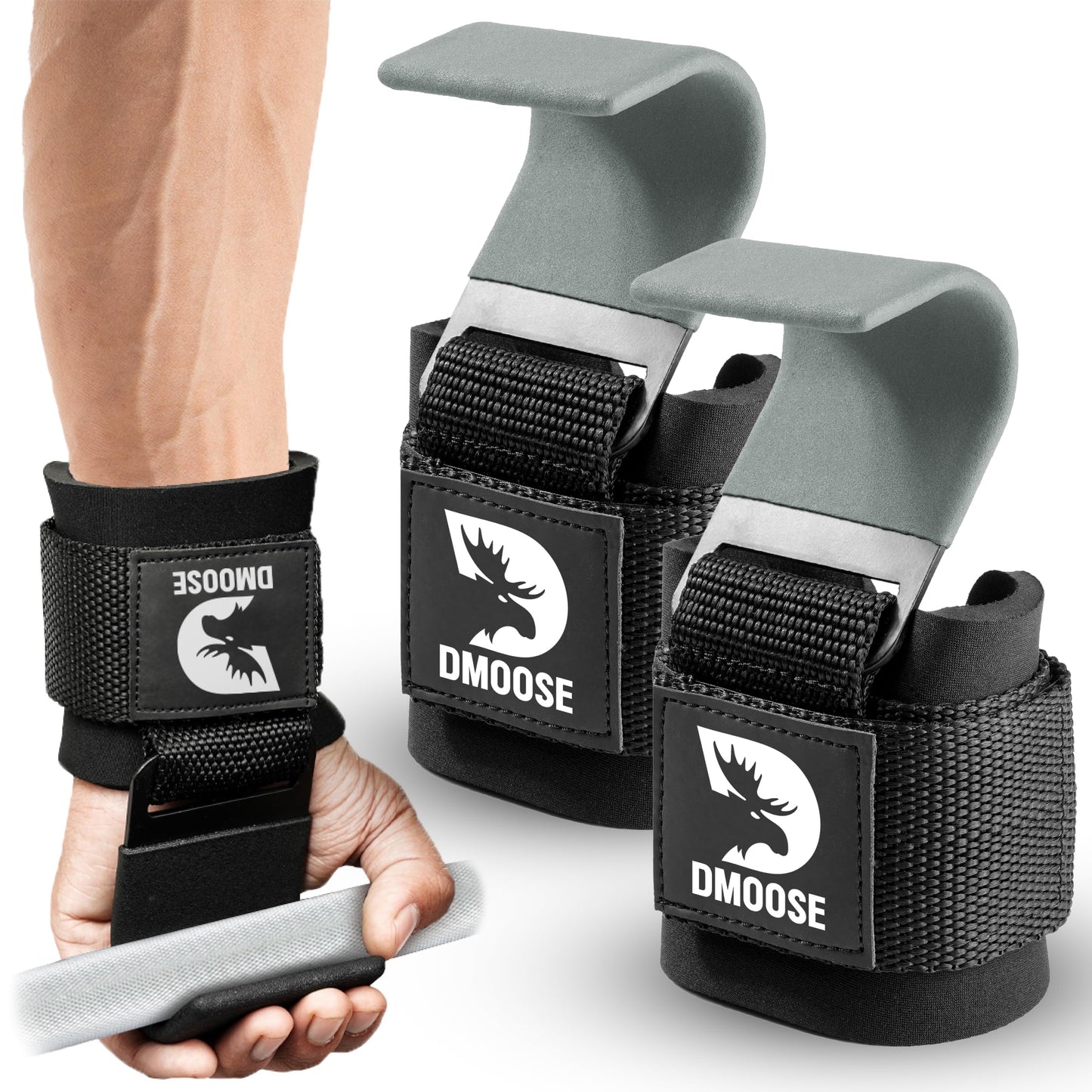 DMoose Fitness Weight Lifting Hooks (Pair) for Deadlifts, Pull Ups, Rows & Shrugs - Anti-Rip Nylon Strap Hand Grips with Thick Wrist Padding - Heavy Duty Wrist Straps for Weightlifting (Grey)