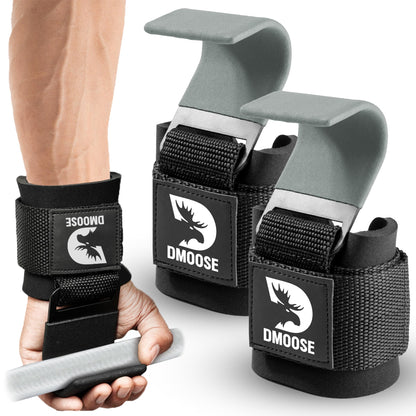 DMoose Fitness Weight Lifting Hooks (Pair) for Deadlifts, Pull Ups, Rows & Shrugs - Anti-Rip Nylon Strap Hand Grips with Thick Wrist Padding - Heavy Duty Wrist Straps for Weightlifting (Grey)