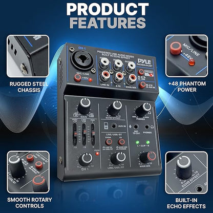 Pyle 3-Channel Professional Wireless DJ Audio Mixer - Bluetooth 5.0 - USB Interface - XLR+6.35mm Mic/Line/Guitar Input - 3.5mm Mic Input - RCA - AUX - Headphone Jack - +48V Phantom Power - PAD33MXUBT
