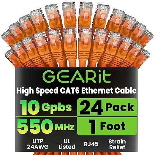 GEARit Cat 6 Ethernet Patch Cables 1 ft Orange (Cat 6 Ethernet Cables 1 ft 24-Pack), High Speed 24AWG 10Gbps RJ45 Snagless Gold-Plated, Ethernet Cable for Router, Switch, PC, PS5 Gaming, Server