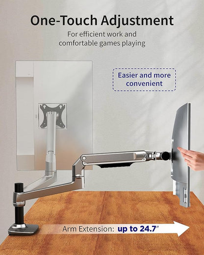 Single Monitor Arm Desk Mount, Holds Screens up to 40 Inches and 25 lbs, Fully Adjustable Vesa Monitor Mount with C-Clamp and Grommet Base, Aluminum, Silver
