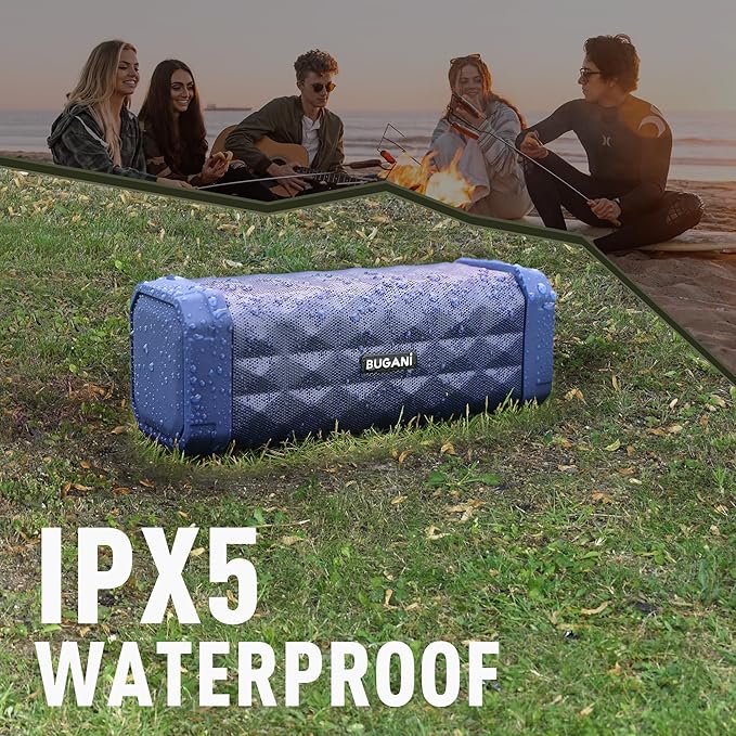 BUGANI Bluetooth Speakers Portable Bluetooth Speaker, 100ft Wireless Range, Louder Volume, Stereo Sound, Amazing Bass 24H Playtime, IPX5, Built-in Mic, Wireless Speaker for Ourdoor Indoor(Blue)