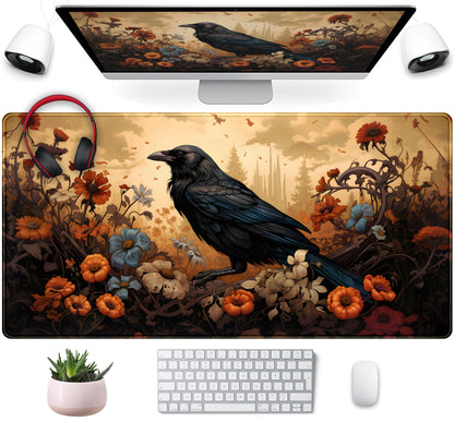 Anime Crow Kawaii Desk Mat Cute Retro Floral Mouse Pad Gaming Desk Pad XXL Large Desk Matt for Desktop Computer Mousepad, Laptop Keyboard Mouse Mat Office Decor Accessories for Women, 31.5x15.75 in