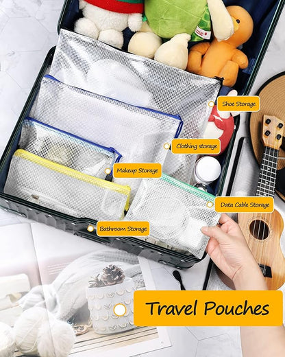SUNEE Plastic Mesh Zipper Pouch 7x11 in (6 Colors, 12 Packs), Small Water-Resistant Zip Bag for School Office Supplies, Pencil Organizing Storage