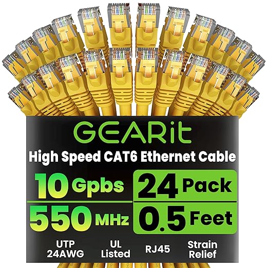 GEARit Cat 6 Ethernet Patch Cables 0.5 ft Yellow (Cat 6 Ethernet Cables 0.5 ft 24-Pack), High Speed 24AWG 10Gbps RJ45 Snagless Gold-Plated, Ethernet Cable for Router, Switch, PC, PS5 Gaming, Server