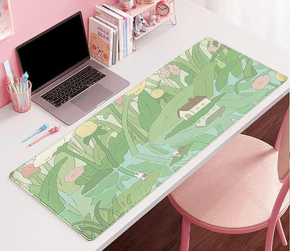 Kawaii Green Desk Mat Cute Mouse Pad Japanese, Flowers and Plants Keyboard Mat, Anime Aesthetics Large Mousepad XXL Gaming Desk Pad XL Office Home Decor for Women Girls Keyboard Pad 31.5"x15.75"