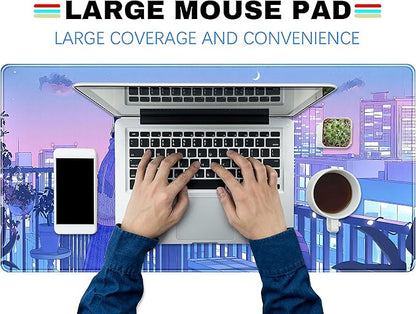 Purple Anime Kawaii Desk Mat Mousepad Cute Cat XXL Large Gaming Japanese Girly Aesthetic Mouse Pad Tokyo Street Desk Mat 31.5x15.75 in, Girl Gamer Desktop Mat Computer Laptop Keyboard Mouse Mat