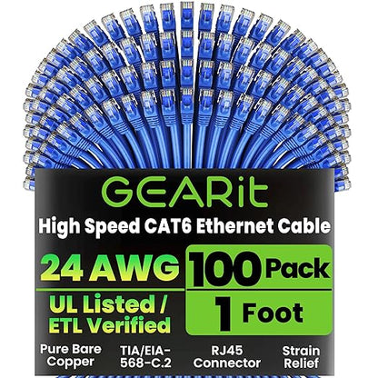 GearIT Cat 6 Ethernet Cable Pack - 100-Pack 1 ft Cat6 Ethernet Patch Cables | RJ45 Network Patch Cable, 10 Gbps Snagless Gold-Plated Connectors - Ethernet Cable Cat 6 for PC, TV, Router - Blue