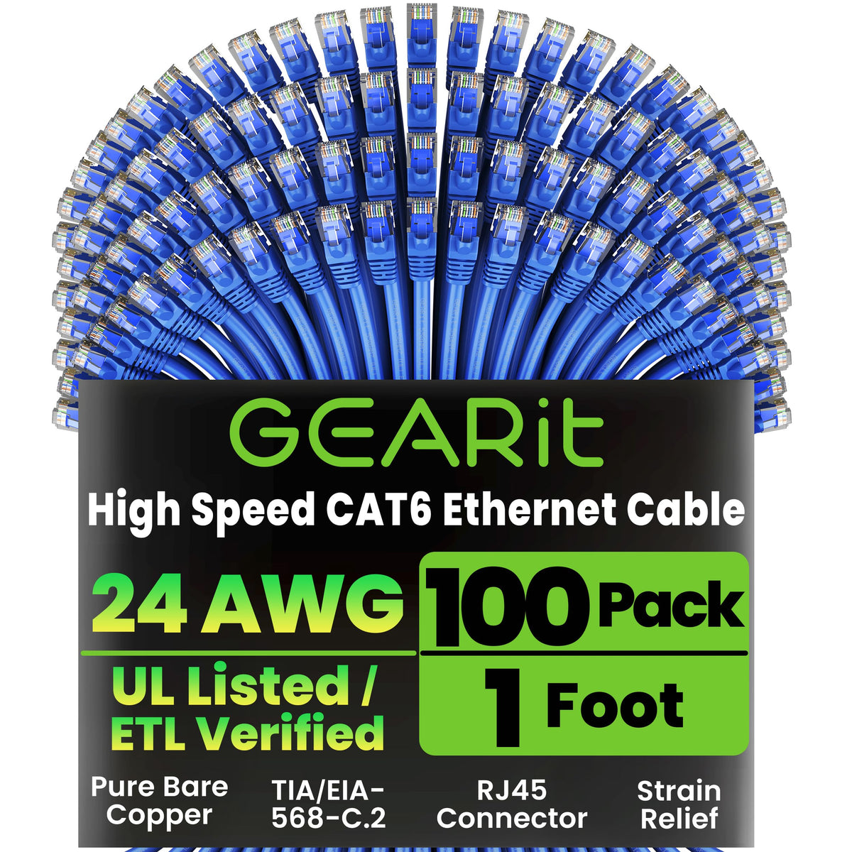 GEARit Cat6 Patch Cables Cat 6 Ethernet Cable 1.5 ft 100-Pack Black