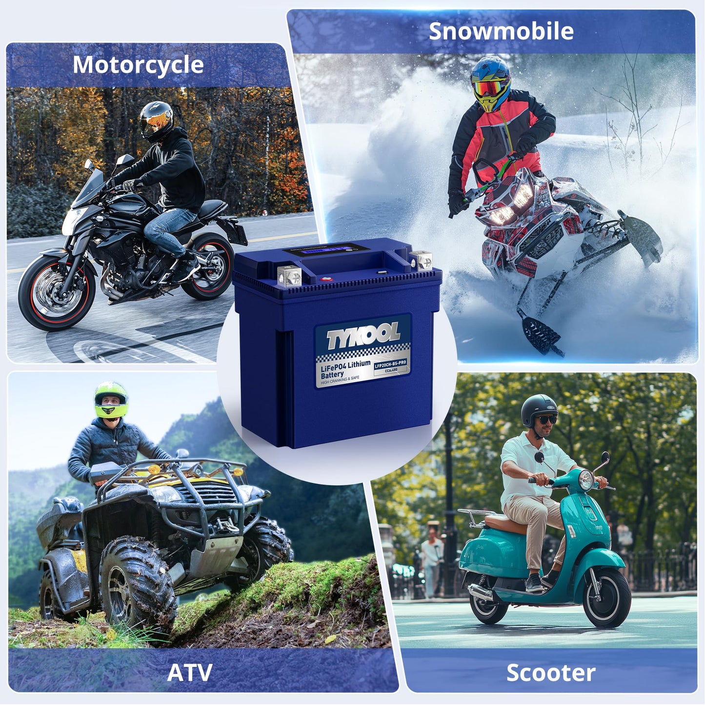 TYKOOL LFP20CH-BS-PRO LiFePO4 Lithium Battery, Replaces YTX20CH-BS YTX20CH, 420CCA 7Ah fits for BMW K1600GT GTL R1250RT R1200RT (2014-2023) Suzuki KingQuad 750 (2008-2024), [- +]
