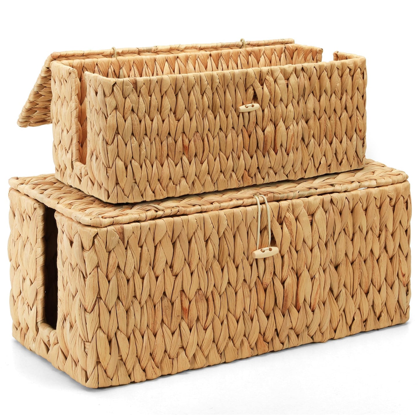 Posprica Cable Management Box with Lid, 2Pack Handwoven Real Water Hyacinth Cord Hider Organizer Boxes, 2 Side Open Slots Storage Box to Hide Cords Power Strip for Desk, Floor, Office