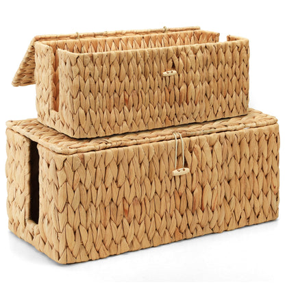 Posprica Cable Management Box with Lid, 2Pack Handwoven Real Water Hyacinth Cord Hider Organizer Boxes, 2 Side Open Slots Storage Box to Hide Cords Power Strip for Desk, Floor, Office