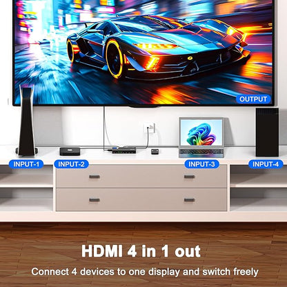 HDMI Switch 4 in 1 Out 4K@60Hz, 4 Ports HDMI Switcher Selector with Remote, Support HDCP 2.2 HD R10+ Dolby Vision/Atmos 18Gbps CEC for Apple TV Game PC PS4 5 Pro Xbox Roku