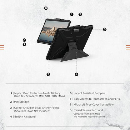 URBAN ARMOR GEAR UAG Designed for Microsoft Surface Pro 11/10/9 Case with Multi-angle Kickstand & Pen Holder Compatible with Type Cover Keyboard Rugged Protective Cover Heavy Duty, Metropolis SE Black