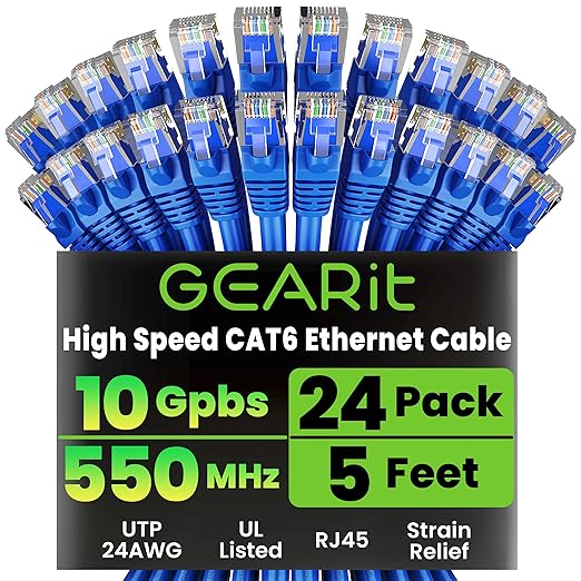 GEARit Cat 6 Ethernet Patch Cable 5 ft Blue (24-Pack Cat6 Ethernet Patch Cables 5ft), Cat 6 High Speed 24AWG 10Gbps RJ45 Snagless Gold-Plated, Ethernet Cable for Router, Switch, PC, PS5 Gaming, Server