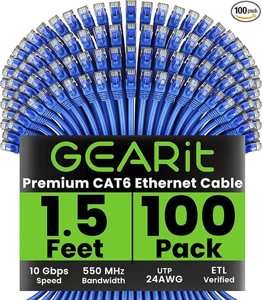 GEARit Cat 6 Ethernet Patch Cable 1.5 ft Blue (100 Pack) - Cat6 Patch Cables 1.5ft Blue/Ethernet Patch Cable, 10Gbps 550MHz 24AWG Pure Copper, Snagless, Gold Plated RJ45 for Router, Server, Router, PC