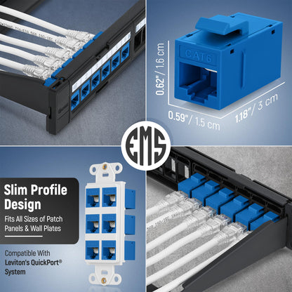 Everest Cat6 RJ45 Keystone Coupler (6-Pack) in Blue - RJ45 Coupler - Cat 6 Couplers - Female to Female Cat6 Keystone Jacks - Ethernet Couplers - Ethernet Cable Extender