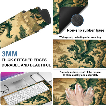 NITAHHHY Vintage-Style Dragon Gaming Mouse Pad 3mm Thick Stitched Edge Waterproof Non-Slip Large Computer Keyboard Mouse Mat,Suitable for Office Entertainment Decorative Desk Pad 35.4 x 15.7 Inches