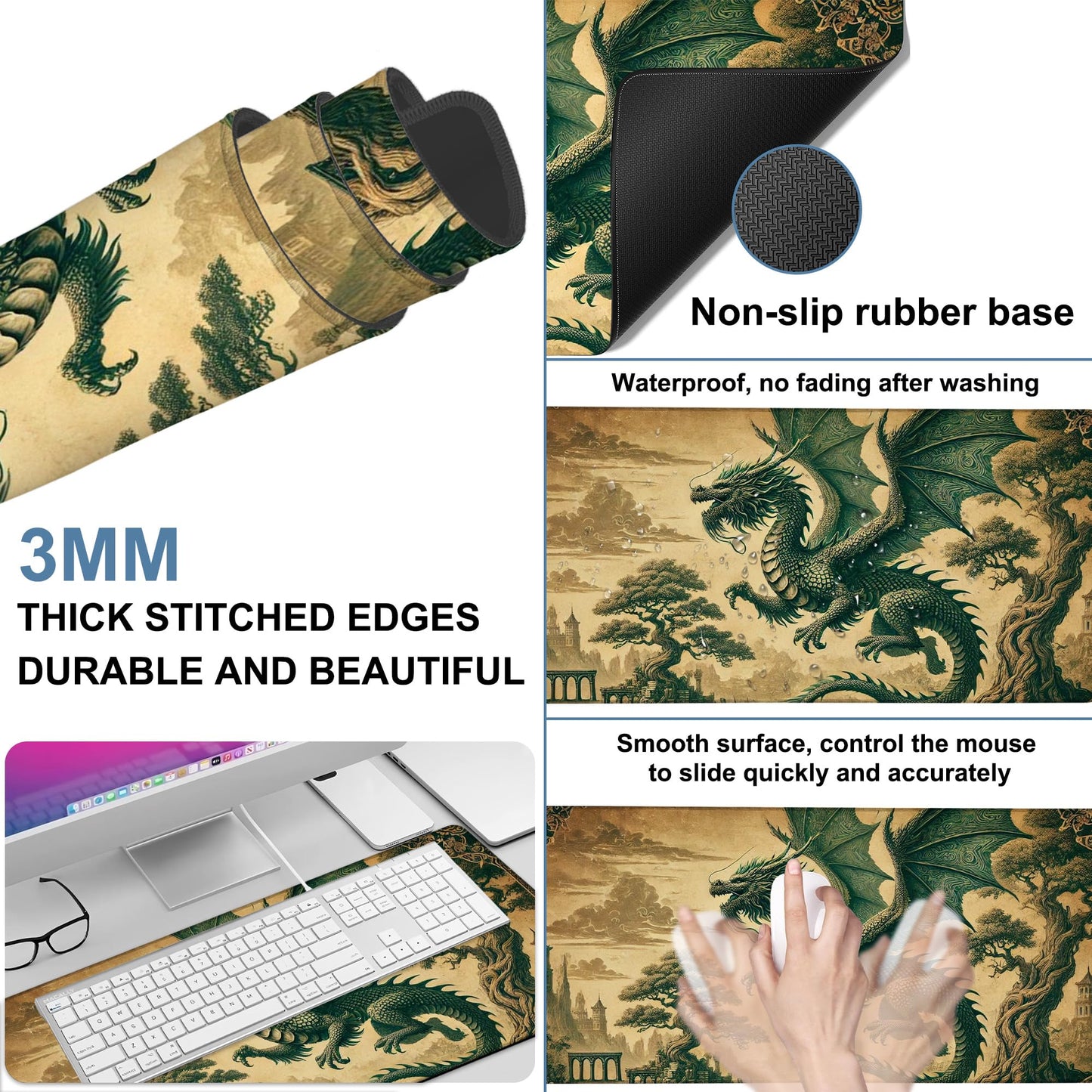 NITAHHHY Vintage-Style Dragon Gaming Mouse Pad 3mm Thick Stitched Edge Waterproof Non-Slip Large Computer Keyboard Mouse Mat,Suitable for Office Entertainment Decorative Desk Pad 35.4 x 15.7 Inches