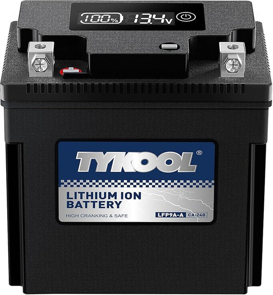 TYKOOL LFP9A-A,YB9-B,240CCA,3X Cranking Amps,LiFePO4 Lithium Motorcycle Battery,12V 4AH,Digital Readout,Fits for 125cc Benelli and Gilera,Triumph 750cc,Aprilia Sport City,Piaggio Typhoon Scooter