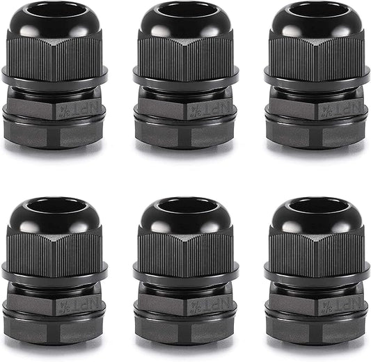 QILIPSU 6pcs 3/4" NPT Cable Gland Waterproof IP68 Nylon Cable Pass Through Cord Grip Connector Strain Relief Wire Grommet