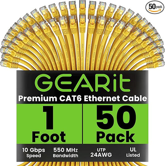 GEARit Cat 6 Ethernet Patch Cable 1 ft Yellow (50 Pack) Cat6 Patch Cables 1ft Yellow/Ethernet Patch Cable, 10Gbps 550MHz 24AWG Pure Copper, Snagless, Gold Plated RJ45 for Router, Server, Router, PC
