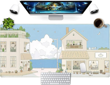 Cute Desk Mat Kawaii Mousepad Japanese Street Mouse Pad, Blue and Brown Cute Anime Keyboard Mat 31.5"x15.75", Large Mouse Pad XXL Gaming Desk Pad XL Office Decor for Women Girls Laptop Keyboard Pad