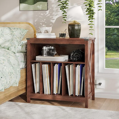 ChooChoo Large Record Player Stand with Charging Station & LED Light, Vinyl Record Holder hold up to 300 Albums, Farmhouse End Table for Bedroom, Living Room, Walnut
