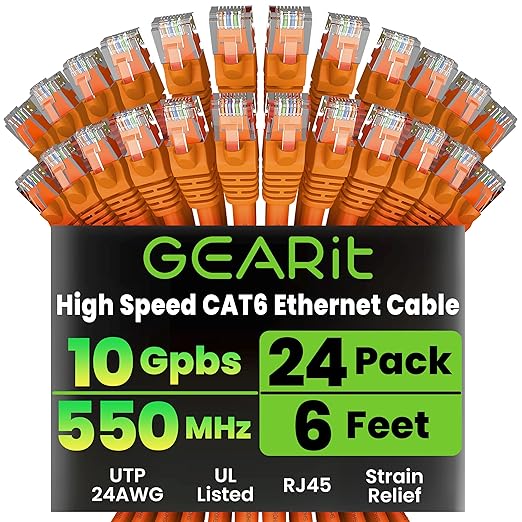GEARit Cat 6 Ethernet Patch Cables 6 ft Orange (Cat 6 Ethernet Cables 6 ft 24-Pack), High Speed 24AWG 10Gbps RJ45 Snagless Gold-Plated, Ethernet Cable for Router, Switch, PC, PS5 Gaming, Server