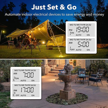 BN-LINK 7 Day Outdoor Heavy Duty Digital Programmable Timer, Outdoor Timer Outlet Waterproof, Grounded Electrical Outlets for Christmas Lights Lamps Ponds, 1875W 1/2HP, ETL Listed-2PACK