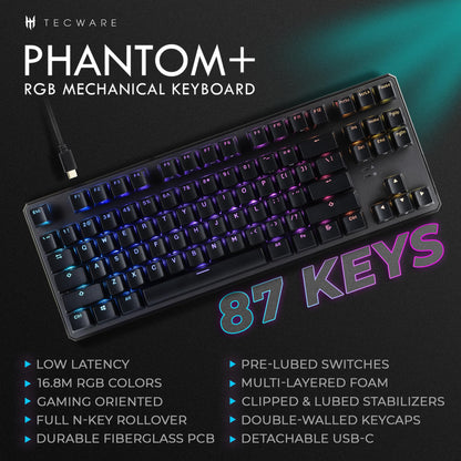 TECWARE Phantom+ 87 Key RGB Mechanical Gaming Keyboard, Black | TKL Thocky Creamy Keyboard, Hot Swappable, Double Shot ABS Keycaps, Wired USB-C, N-Key Rollover | Wraith Red Linear Switch