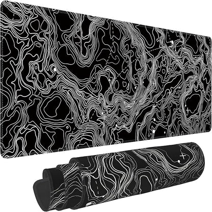 Black with White Topographic Line Large Mouse Pad,Gaming Keyboard Desk Pad,Extended Mouse Mat Non-Slip Rubber Base with Stitched Edges for Office Game Home XL 31.5"x11.8"