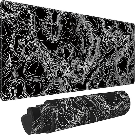 Black with White Topographic Line Large Mouse Pad,Gaming Keyboard Desk Pad,Extended Mouse Mat Non-Slip Rubber Base with Stitched Edges for Office Game Home XL 31.5"x11.8"