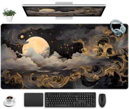 DKPXFG Golden Moon Desk Pad Black Desk Mat XXL Mouse Gaming Pads, Starry Sky Keyboard Pads Extra Large Desktop Computer Mats with Non-Slip Base & Stitched Edges, Vintage Office Decor 31.5" x 15.7"
