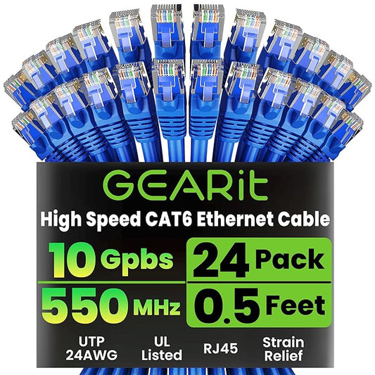 GEARit Cat 6 Ethernet Patch Cable 0.5 ft Blue (24-Pack Cat6 Ethernet Patch Cables 0.5ft), High Speed 24AWG 10Gbps RJ45 Snagless Gold-Plated, Ethernet Cable for Router, Switch, PC, PS5 Gaming, Server
